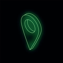 Poster - green neon location pin glowing on a black background, perfect for concepts related to travel, locat