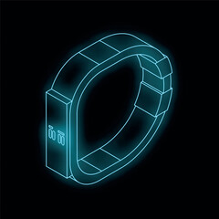 Poster - neon blue isometric projection of a fitness tracker glowing on a black background