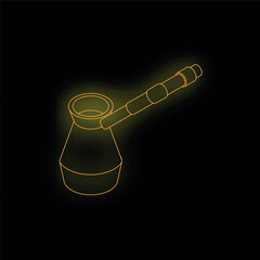 Poster - Glowing yellow coffee pot brewing turkish coffee on black background