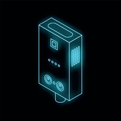 Poster - glowing neon line gas boiler with a burning fire icon isolated on black background. vector