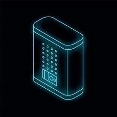 Poster - Neon glowing icon of a smart column speaker with a futuristic design