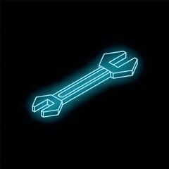 Poster - Blue neon wrench glowing on a black background, perfect for any industrial design concept