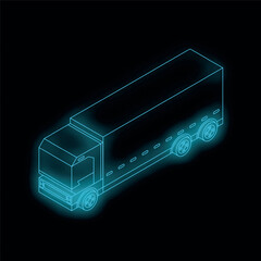 Poster - Neon blue isometric truck glowing on a black background