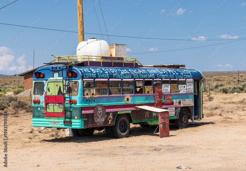 TAOS, NM, USA-11 JULY 18: A colorfully painted bus sells coffee, ice ...