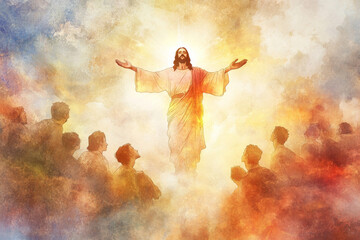 Wall Mural - a serene digital watercolor of jesus ascending into heaven, his arms outstretched and enveloped in l