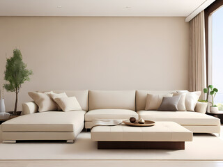 This image showcases a modern, minimalist living room with a clean and elegant design. The layout features a large, beige sectional sofa adorned with matching beige cushions