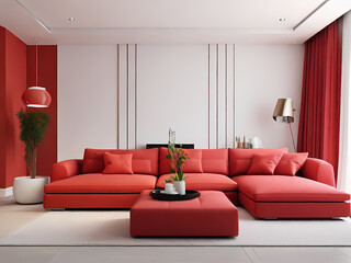 This image showcases a modern, minimalist living room with a clean and elegant design. The layout features a large, red sectional sofa adorned with matching red cushions