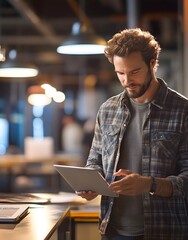  - A man using a tablet in a modern workspace, engaged in work or research.