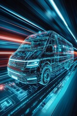 Poster - A futuristic van depicted with neon lines and digital elements, symbolizing advanced technology.