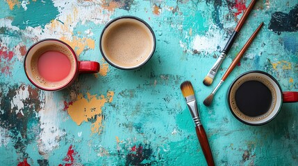 coffee and creativity sessions Vibrant cups of coffee on a painted surface.