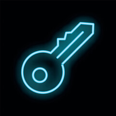 Poster - Neon blue key glowing on a black background, representing concepts like security, access, and problem solving