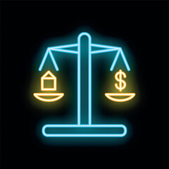 Poster - Glowing neon line scale comparing house and dollar symbol icon isolated on black background. Concept of equality housing income, money, mortgage, realty. Vector illustration