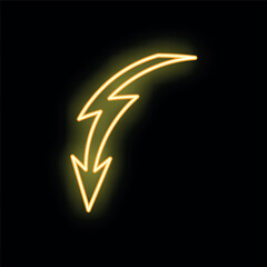 Poster - Neon yellow lightning arrow pointing down isolated on black background
