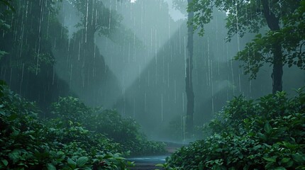 Wall Mural - Abstract view of rain curtains in a deep forest environment, weather patterns, rainy climate, falling water.