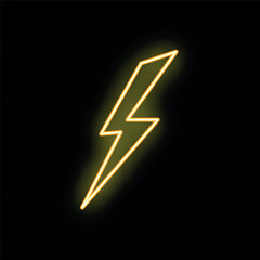 Poster - Bright yellow neon sign in the shape of a lightning bolt is glowing on a black background