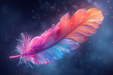 Poster - abstract image of a feather, brightly colored in blue, purple, pink and orange tones, with elements of luminous particles and highlights, on a dark background with red bokeh 