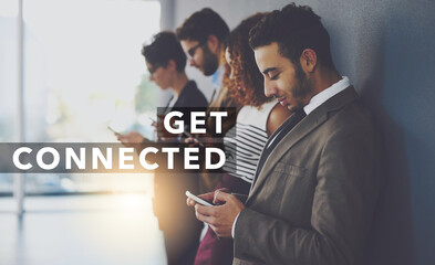 Poster - Business people, waiting room or team connected with phone for social media, communication or platform. Group, employees or interns on mobile smartphone for global app, network or internet on overlay