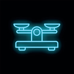 Poster - Blue neon sign of a balancing scale glowing on a black background