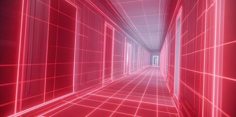 Poster - A futuristic corridor with glowing red lines and doors, creating a digital atmosphere.