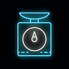 Poster - Glowing neon line scales icon isolated on black background. Weighing equipment sign. Vector illustration
