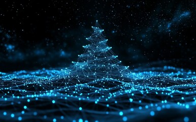 Wall Mural - A radiant digital Christmas tree crafted from stars, positioned against a backdrop of a starry night.