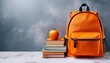 © Eli - Orange School Backpack with Books on Marble Background. Back to School Concept. Banner with Copy Space.