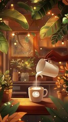 Poster - A cozy scene of milk being poured into a coffee cup surrounded by plants and warm lights.