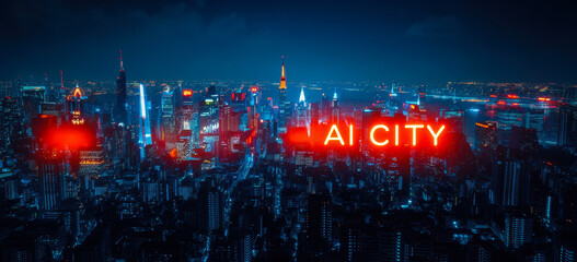 Poster - Futuristic Neon Cityscape with AI CITY Theme Showcasing Modern Urban Technology at Night