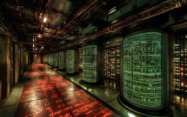 Poster - A futuristic corridor lined with glowing data storage units and illuminated floor patterns.