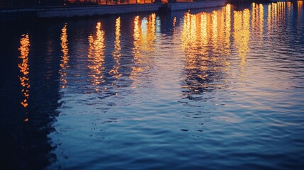 Wall Mural - a mesmerizing view of the city lights reflected on the calm water surface at night. the golden hues 