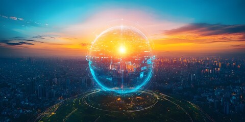 Poster - A futuristic globe with a glowing sun surrounded by a city skyline at sunset.