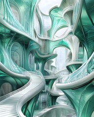 Poster - A futuristic, fluid architectural space with organic forms and translucent elements.