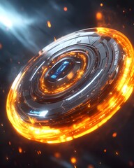 Poster - A futuristic, glowing disc with orange accents, suggesting advanced technology or energy.