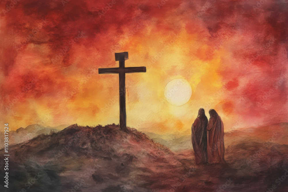 The Crucifixion of Jesus depicted in soft watercolor tones; the cross ...