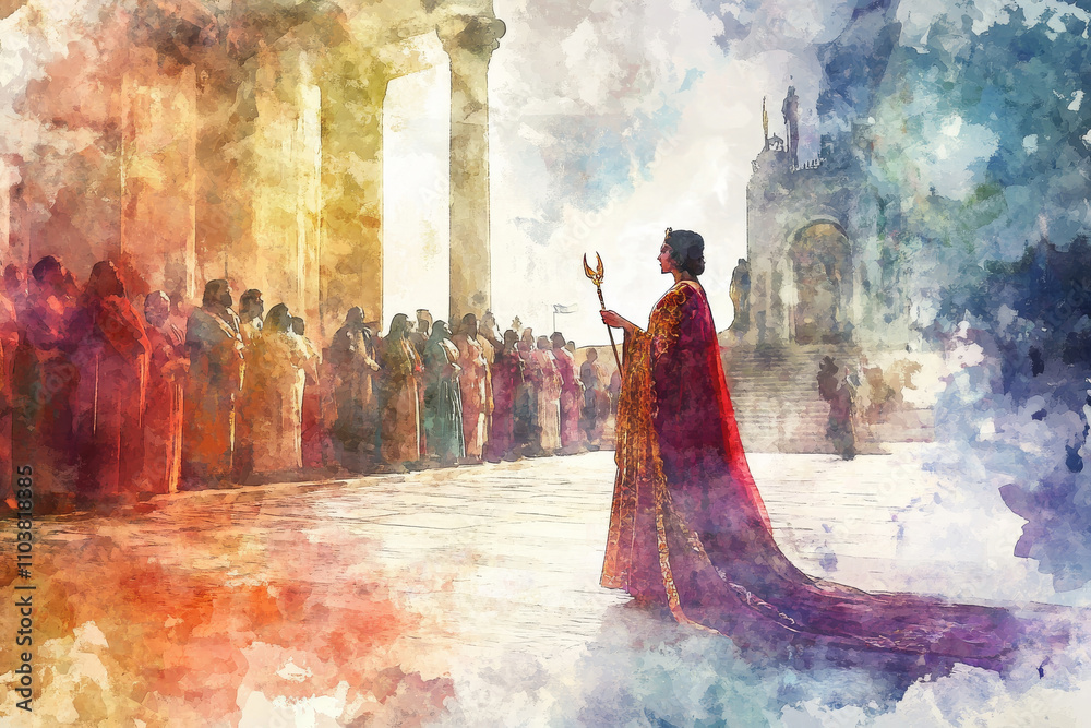 A serene digital watercolor painting of Queen Esther in the royal court ...