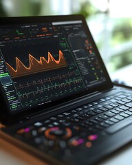 Fototapete - A laptop displaying a vibrant data visualization interface with graphs and metrics.