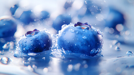 Canvas Print - Close-up of two juicy blueberries covered in water droplets, creating a refreshing and vibrant image.  The background is softly blurred, focusing attention on the berries.