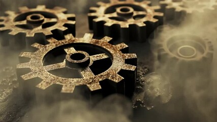 Poster - Rusty gears and smoke create industrial atmosphere, showcasing captivating mechanical elements and textures of machinery and engineering in vintage style.