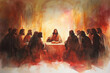 © Volodymyr - A dramatic watercolor of Jesus breaking the bread at the Last Supper, with his disciples surrounding him. Deep reds and muted tones are illuminated by a soft golden light.