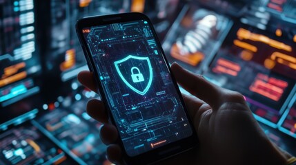 Poster - smartphone displaying a digital security shield icon.