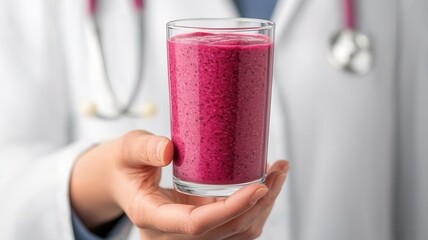 Close-up of a doctor in a white coat holding a vibrant berry smoothie, symbolizing health, nutrition, and wellness advice.