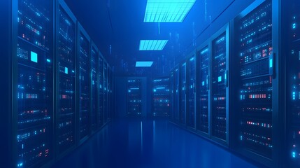 Poster - A futuristic data center with illuminated server racks in a blue-toned environment.