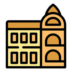 Poster - Architectural design showcasing a stylized building featuring an arched tower and square windows, symbolizing urban structures