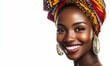 © jambulart - Smiling Black woman, vibrant headwrap, gold earrings.