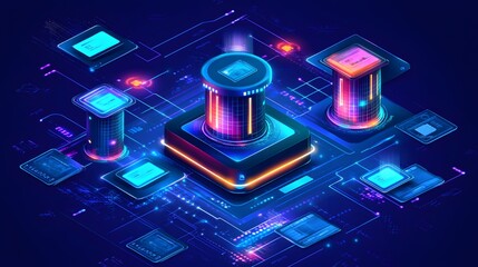 Poster - A futuristic digital landscape featuring processors and circuits in vibrant neon colors.