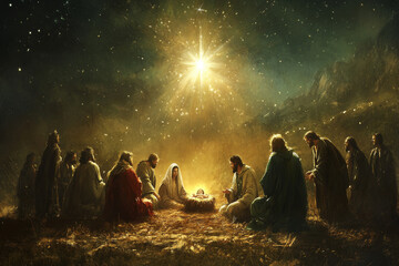 Wall Mural - a serene digital painting of the nativity scene, with mary, joseph, and the baby jesus in the stable