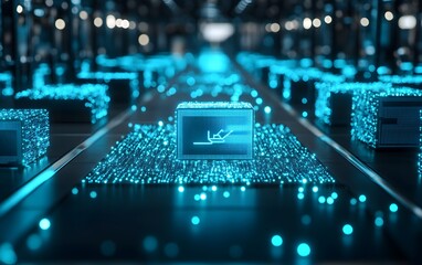 Fototapete - A futuristic scene with glowing data blocks and a digital interface in a tech environment.