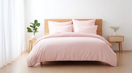 Wall Mural - A beautifully arranged pink bedding set on a wooden bed frame, complemented by a plant and minimalistic decor, exuding a serene and cozy atmosphere.