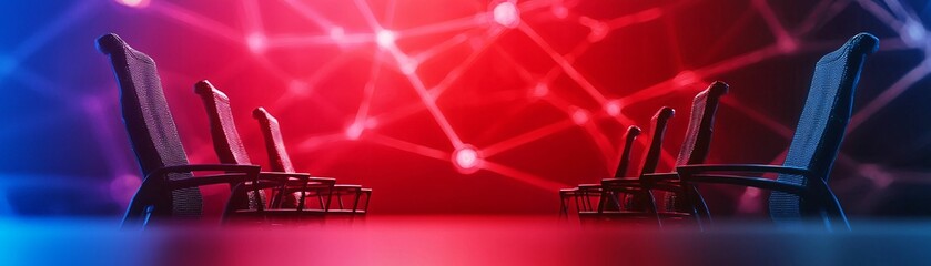 Poster - Cyber governance. Seating arrangement with a vibrant red and blue network background.