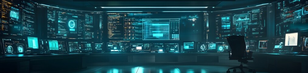 Fototapete - A futuristic control room filled with screens displaying data and analytics.